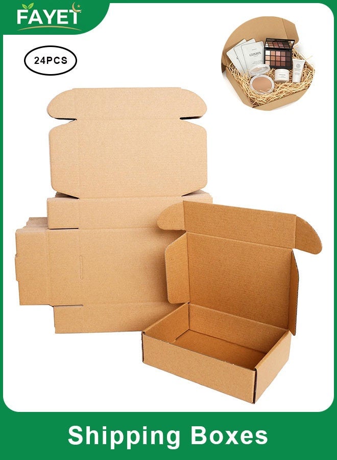 FAYET 24 Pack Small Brown Corrugated Mailer Boxes, Recyclable Kraft Cardboard Shipping Boxes, Easy Fold No Tape/Glue, Crush-Resistant Packaging for Small Business, Gifts, Crafts, Jewelry and Storage（20*14*4cm） - Image 1